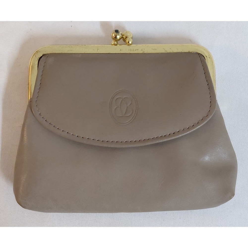 Vintage Buxton Genuine Leather Kiss Lock Coin Purse Taupe Gold Frame